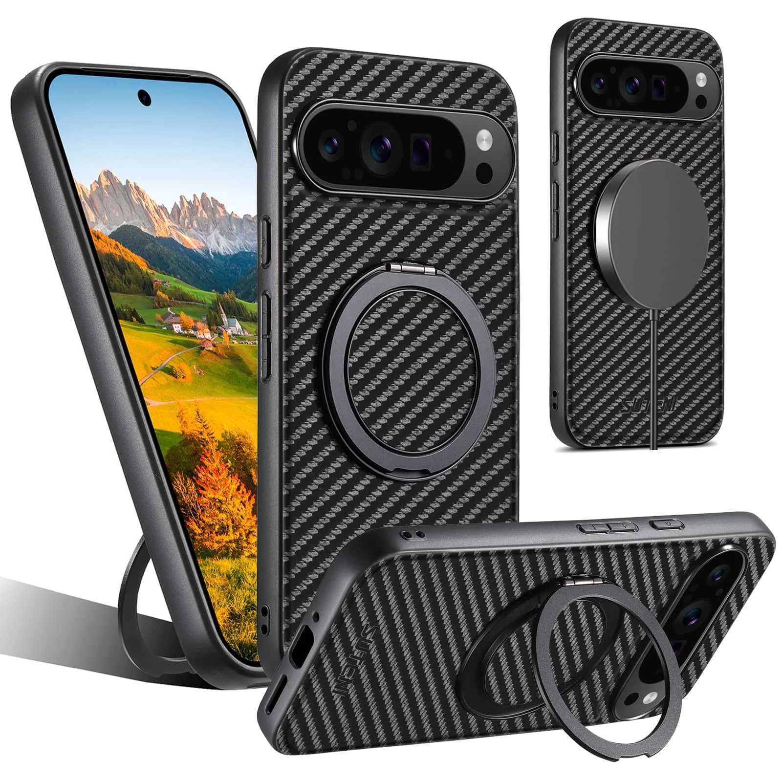 For Google Pixel 9 Pro XL Pixel 9 8 7 6 Pro 8A 7A 6A Carbon Fiber CaseCompatible with Magnetic Built in Kickstand Phone CoverW251121