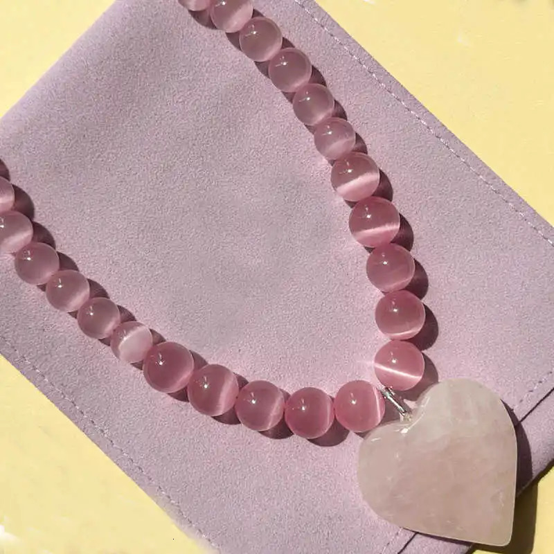 1 natural pink Cateye bead rose quartz heartshaped stone pendant necklace for summer and womens crystal series peach green 250421