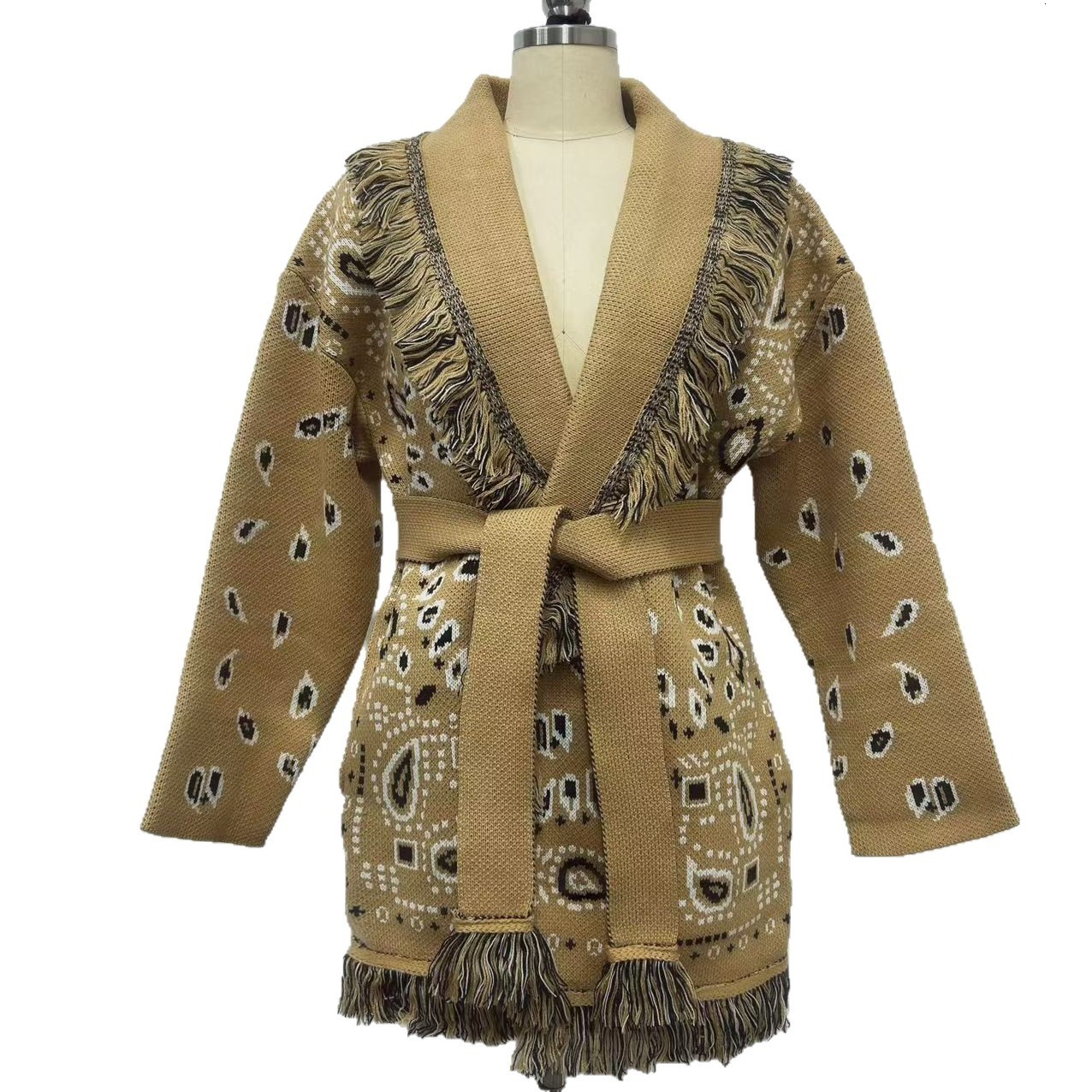 Autumn and winter thick tassel jacquard mid length cardigan womens loose color blocked lapel sweater jacket 230823Z