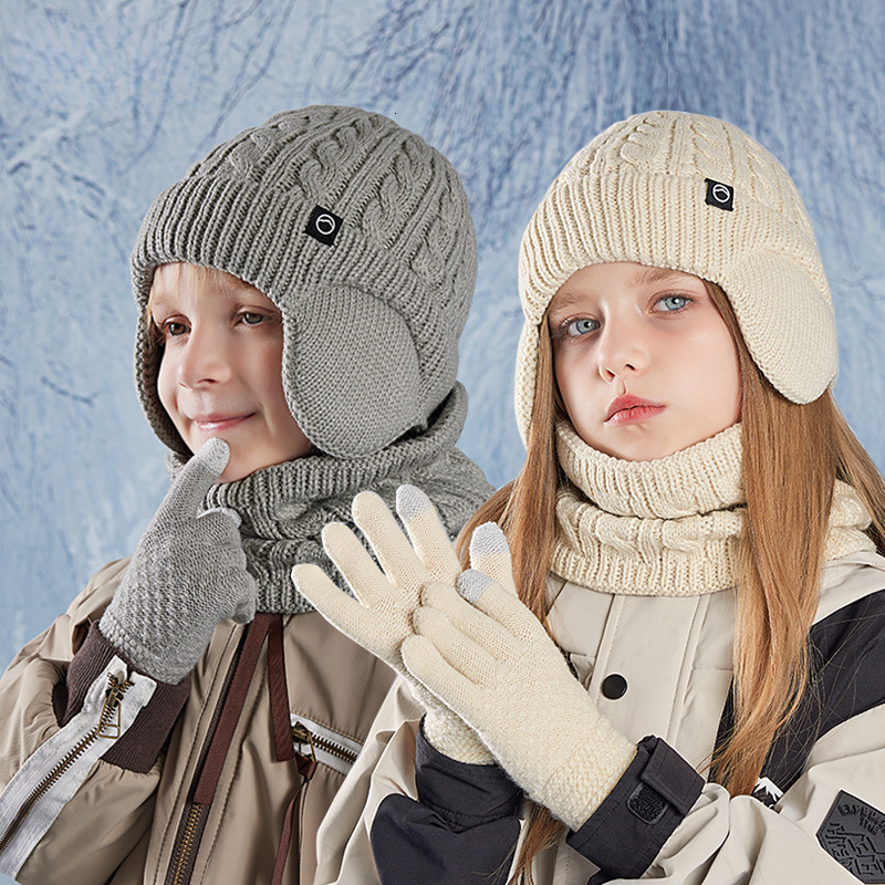 Children's Hat Winter Gloves Warm Three-Piece Set Fleece-Lined Ear Protection Pullover Hat Boys and Girls Outdoor Cold-Proof Knitted Wool Hat fre