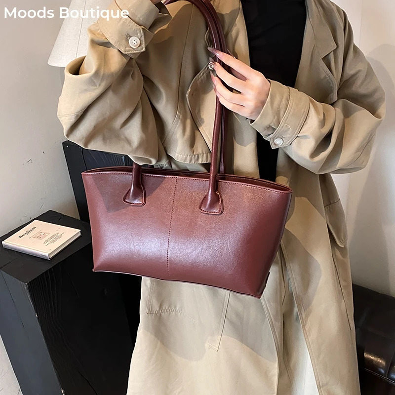 Burgundy Underarm Shoulder Bags For Women Pure Color PU Leather Large Capacity Casual Tote Bags Winter Handbags 251121