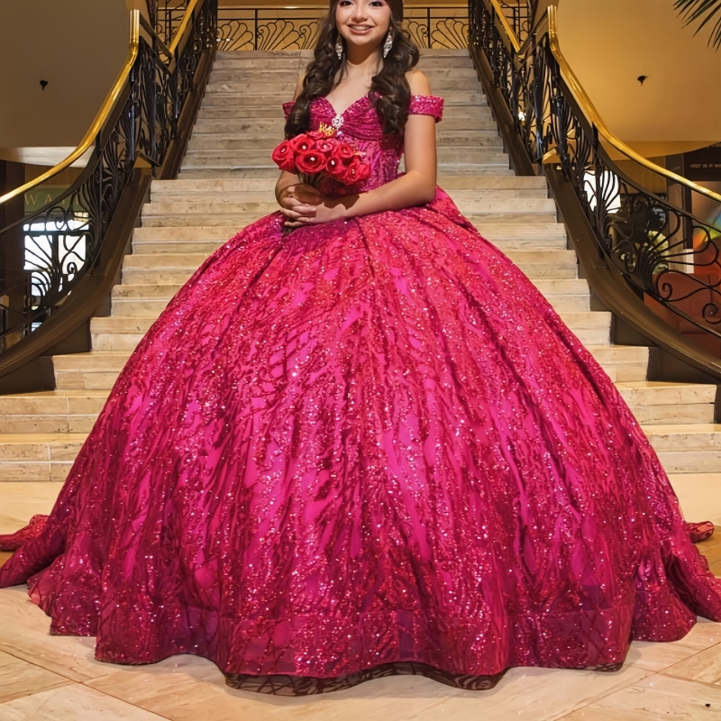 Rose Red Shiny Princess Quinceanera Dresses Off Shoulder Sequin Applique Beading Crystal Bow Tull Sweet 16 Dress Ball Gown Vestidos 15 De Anos
