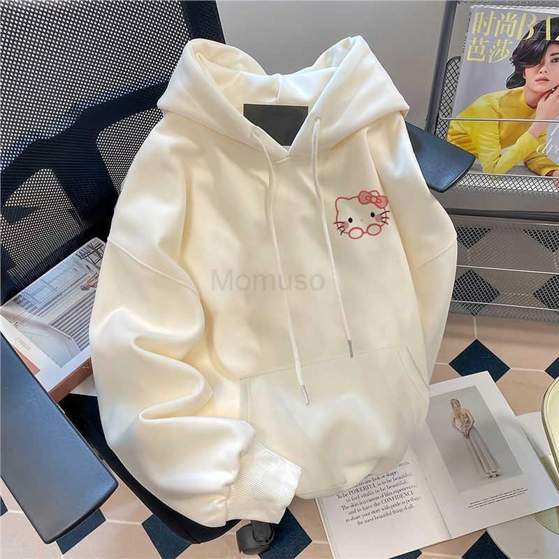 Sanrio Sweet Campus Style Hoodie for Women Thick Fleece Kitty Cat Print Loose Fit Versatile Spring Top H251121