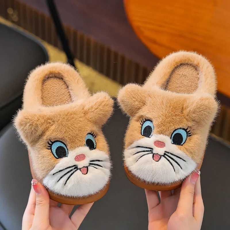 Winter Cartoon Cat Girls Boys Slippers Embroidery Plush Warm Non Slip Children Home Shoes Soft Bottom Kids Floor SlippersW251121