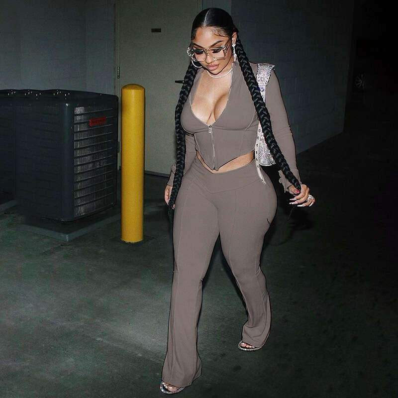 hoodie Women's Wear Winter New Women's Casual Sports Half High Collar Zipper Solid Color Slimming Top Bellbottom Pants Set jacket