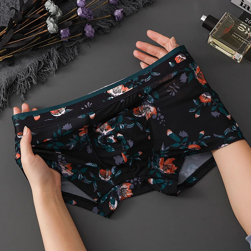 Mens boxing summer cool underwear ice silk quick drying floral printed Ushaped invisible bag 250417