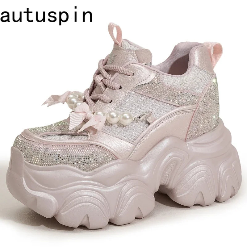 AUTUSPIN String Beads Pink Shoes Women Summer Spring Comfy Platform Sneakers Bling Rhinestones Ladies Thick Soled Footwear 251121