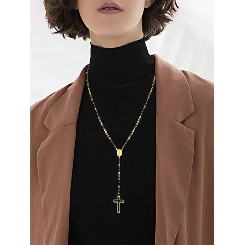 Rosary Cross Necklaces Women 2022 New Fashion Jewelry Gold Color Beads Chain Collar with Virgin Mary Medallion CharmXJ251121