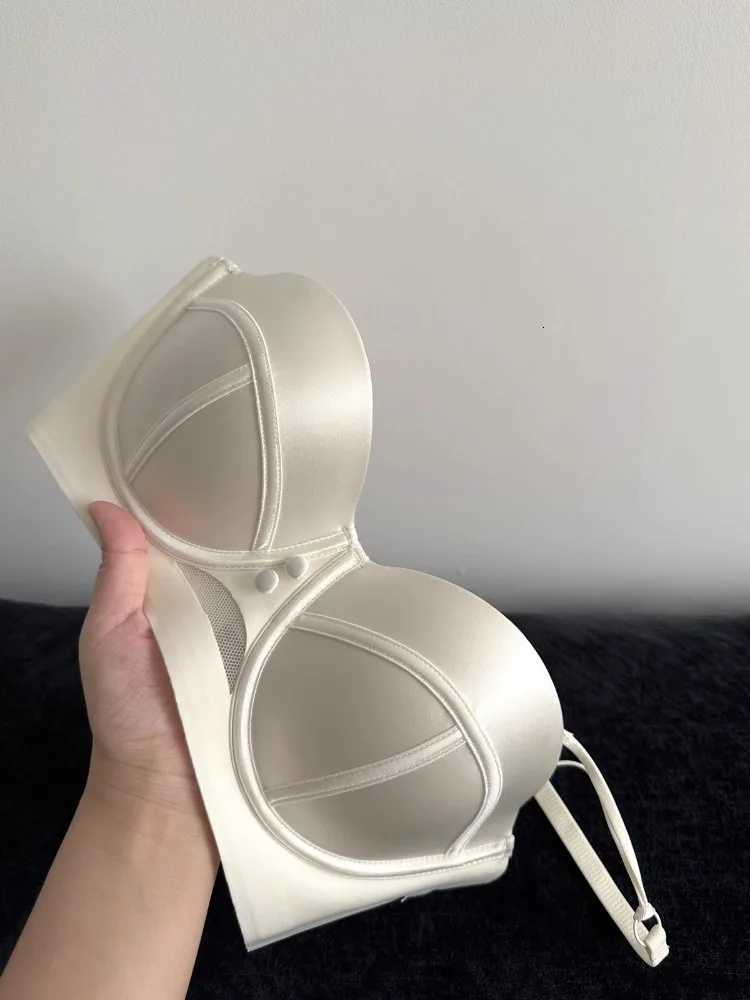 YUQI French Retro Pearl Satin Bra Set - AA Cup Strapless Push Up Lingerie Anti-Sagging Padded Half Cup Underwear Sex UnderwearXJ251106
