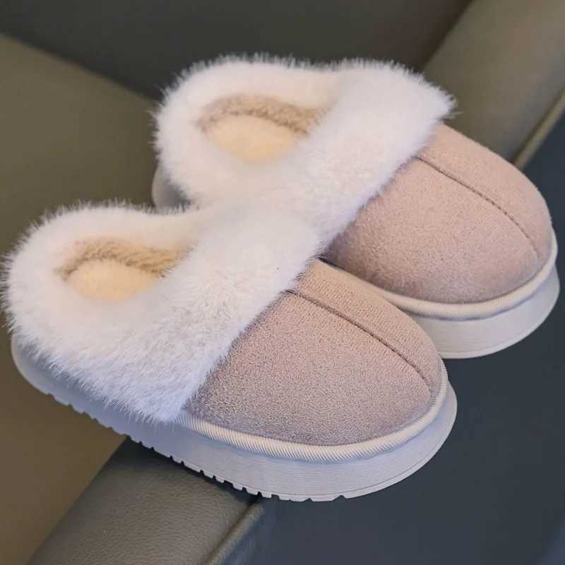 Solid PU Leather Boys Girls Slippers Winter Plush Warm Furry Children Slippers Casual Soft Bottom Floor Kids Home ShoesW251121
