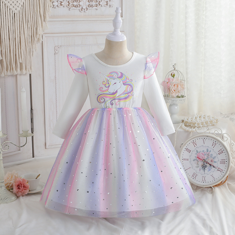 DISNEY Kids designer clothes baby girls dress unicorn birthday outfit children's rainbow dress sequin mesh princess dress.