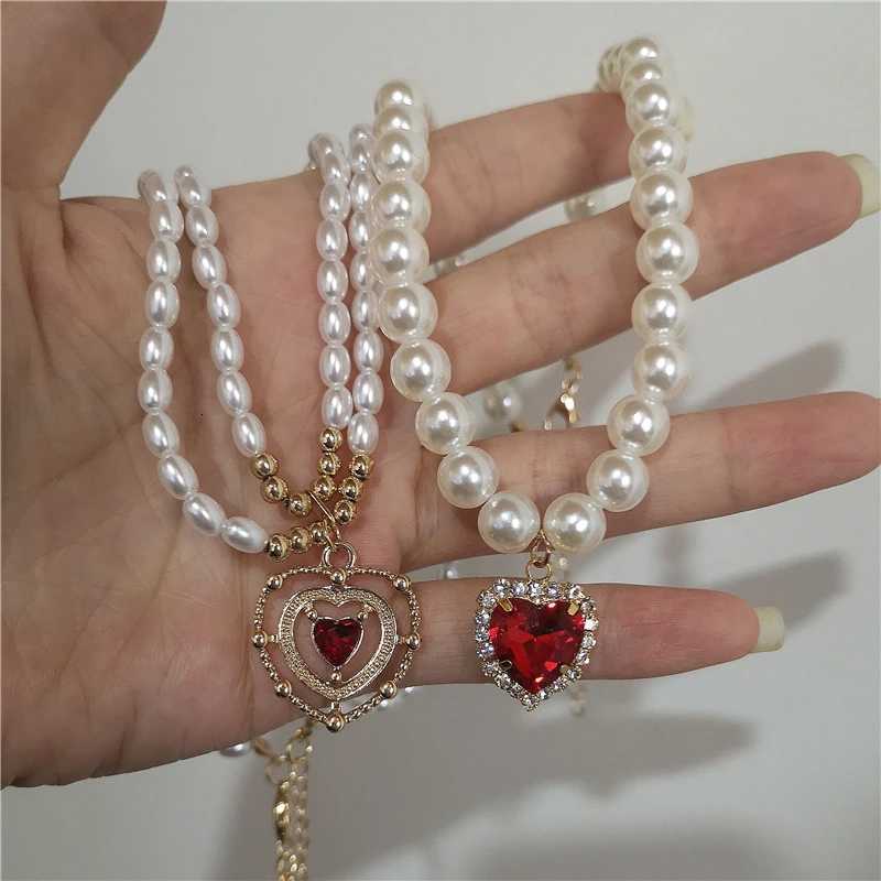 Kpop Vintage Baroque Red Crystal Heart Pendant Pearl Chain Necklace For Women Jewelry Wedding Christmas Gift Y2K AccessoriesXJ251121