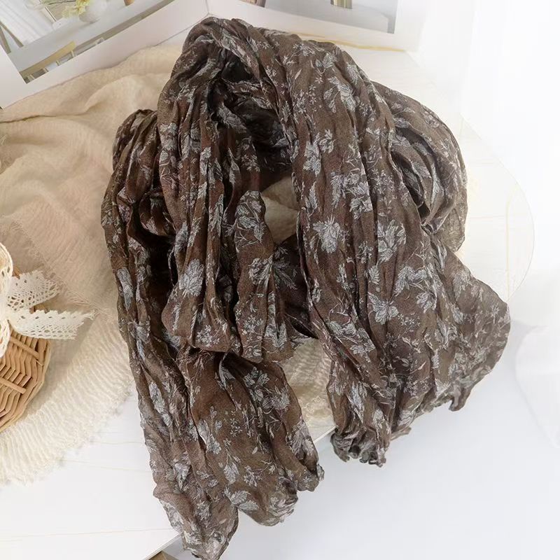 T525 natural ancient flower pleated cotton and linen texture scarf versatile silk scarf shawl autumn and winter fashion women's neck scarf