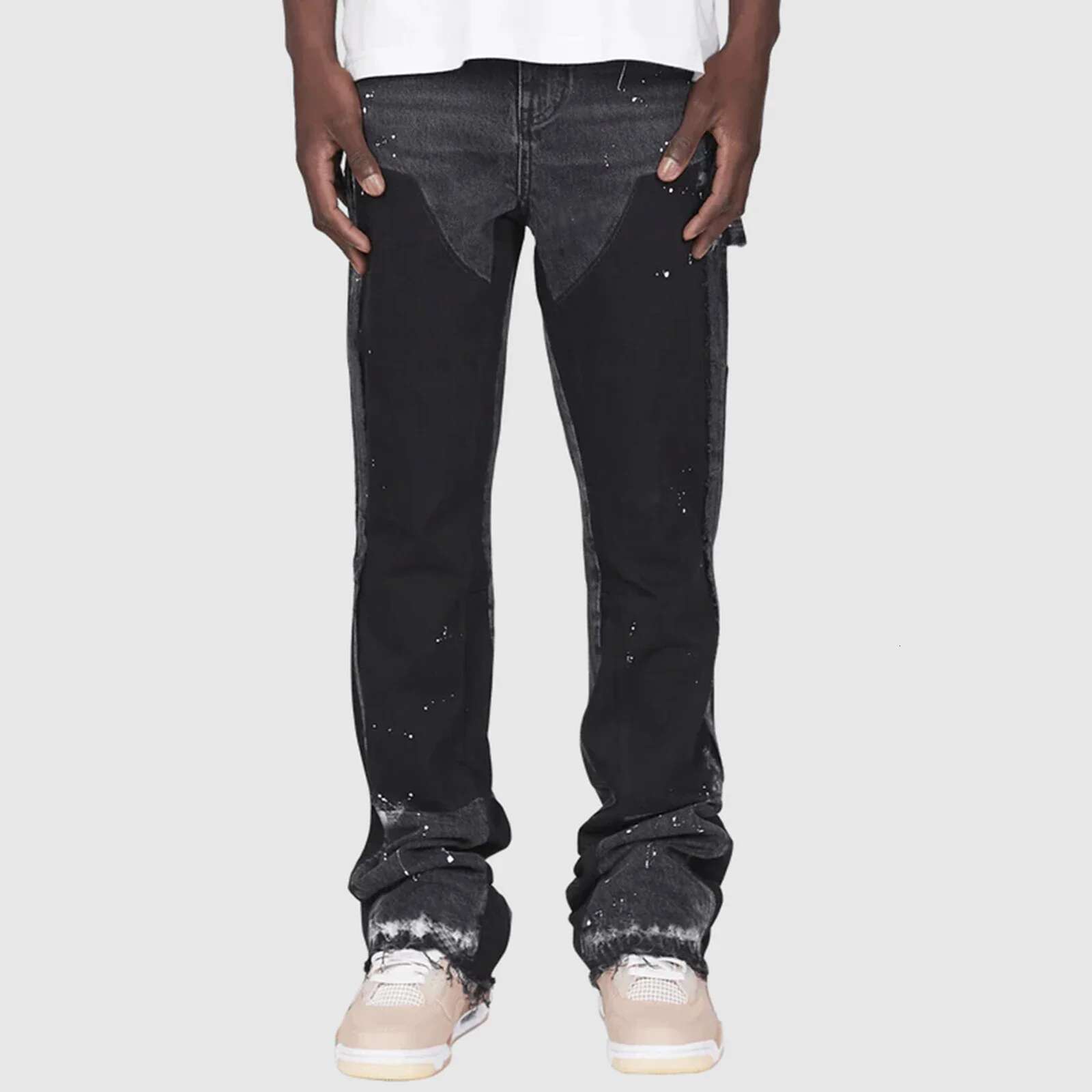 Men's Micro Flare Jeans Fashion Ink-Splatter Patchwork Denim Pants Spring Summer Casual Trousers With Pockets Streetwear