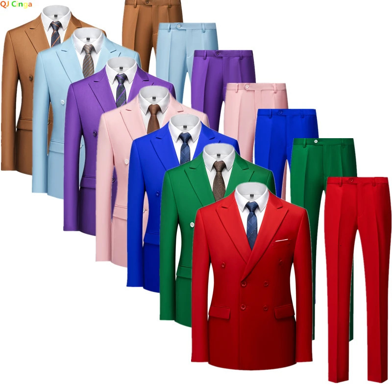 Pure Color Mens Doublebreasted Suit Twopiece Fashion Slim Dress Jacket with PantsWedding Business Men Sets Red Blue Green 251114