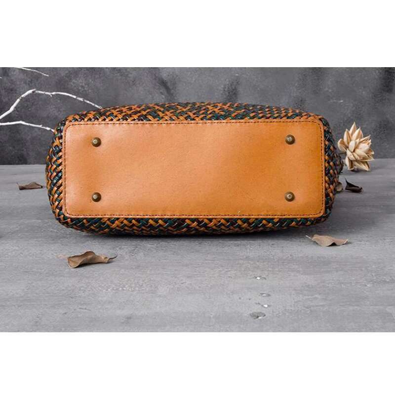 Women Leather Handbag Romantic Handmade Woven Totes Female Cowhide Big Holiday Bucket Bag Causal Beach Shoulder Handbags Bag
