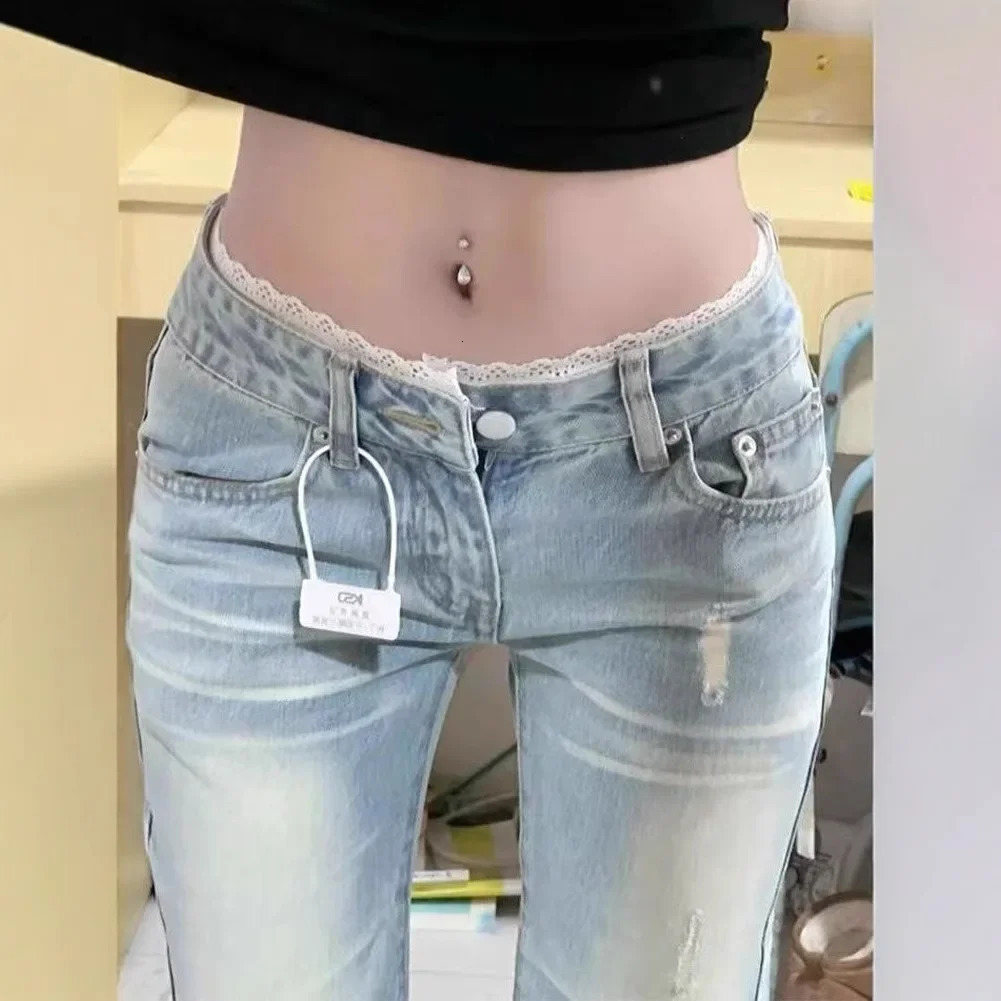 Light Lace Trim Flared Straight Leg Jeans Womens Retro Low Waist Slimming Non Fitting Model Casual Fashion 251113