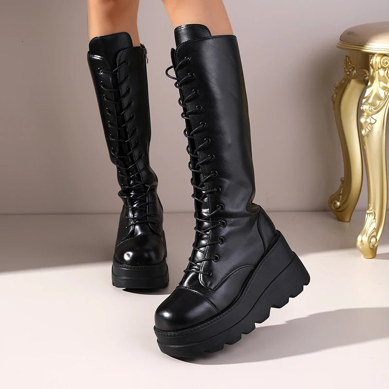 Autumn Winter Womens Black LaceUp Knee High Riding Boots Platform Heel Equestrian Leg Slimming Tall 251121