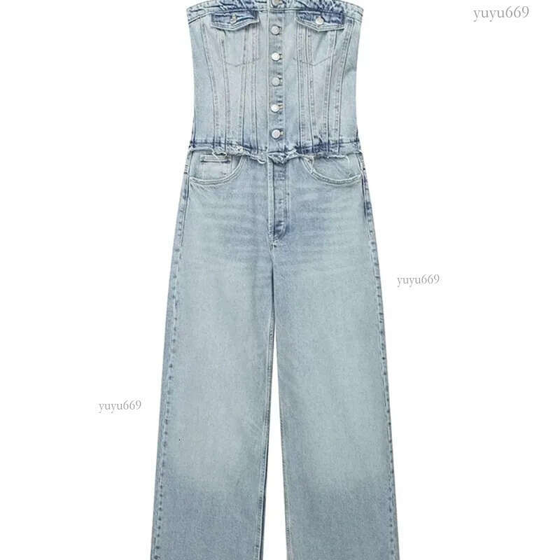 Women s Jumpsuits Rompers TRAFZA Women Chic Denim Button With Tube Top Vintage Casual Backless Elastic Force Female Streetwear Playsuits 230804