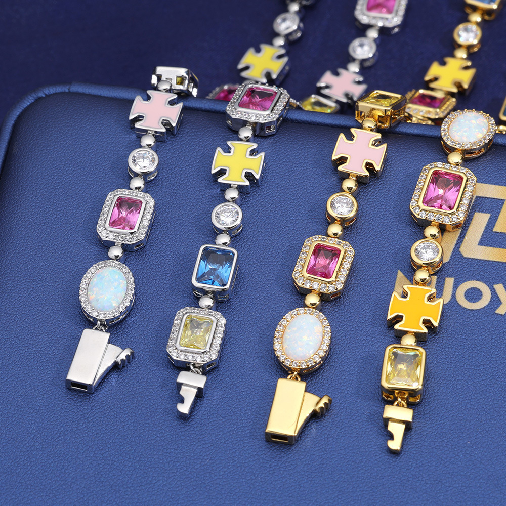 10mm Multicolor Green Blue Red Yellow Black Gem Stone Enamel Cross Chain 18K Gold Plated Jewelry Big Gemstone Necklace Women250909