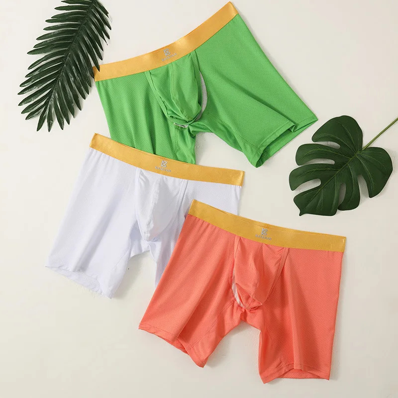 Mens boxer underwear summer silk quick drying long leg sports breathable mesh independent pocket 250417