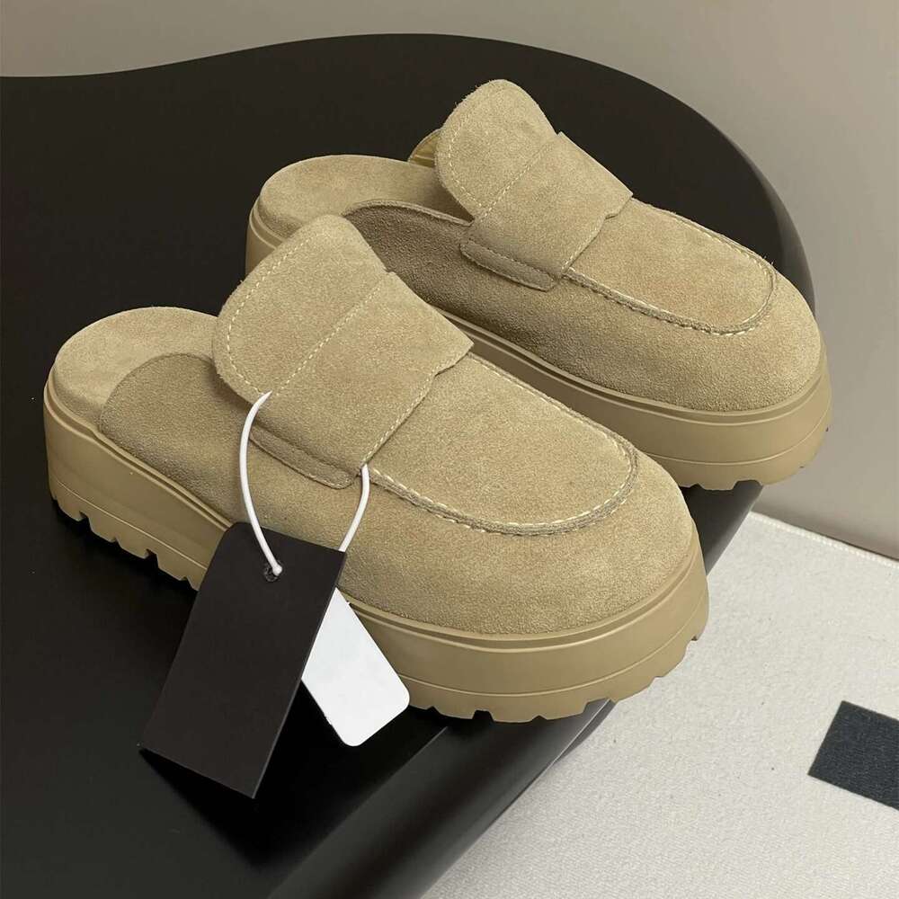 Shoes Women Size35-41 Natural Cow Suede Mules Flat Platform Genuine Leather Slippers Round Toe Designer Shoe atillas De Mujer