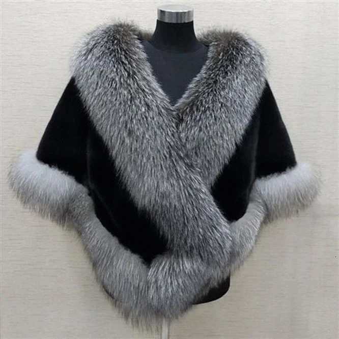 Autumn and Winter Mink Fur Fox Fur Cape Versatile Cape Fur Coat Lady Fashion Party Blue 251112