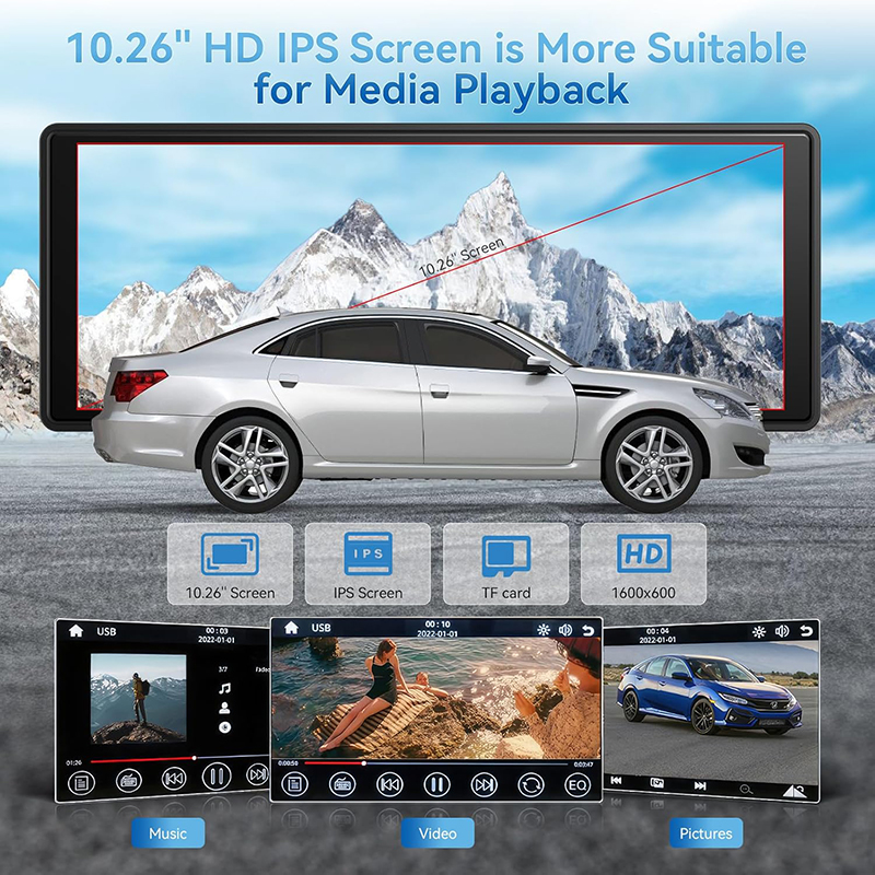 10.26 inch Wireless Portable Carplay Car Android Auto Screen with HD Dash Cam, Backup Camera, Bluetooth FM Transmitter For All Cars