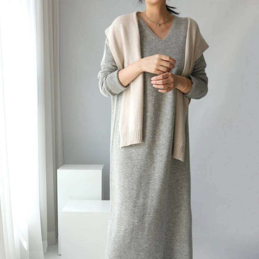 Long Sweater Autumn Winter New V Neck Knitted Loose Women Maxi Cashmere Dress Korean Style Elegant Dresses