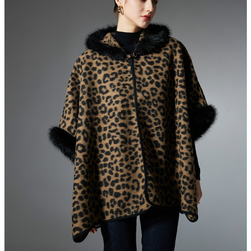 OC278M25 Women Leopard Print Cape Coat Hooded Faux Fur Trim Winter Warm Cardigan Street Fashion Outerwear Autumn Winter