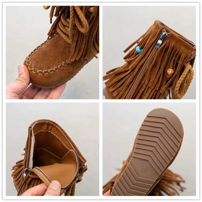 Girls Suede Leather Boots with Cute Beaded Fringes 2025 New Winter Kdis Ankler Boots Non-slip Simple Retro School Party BootsW251121