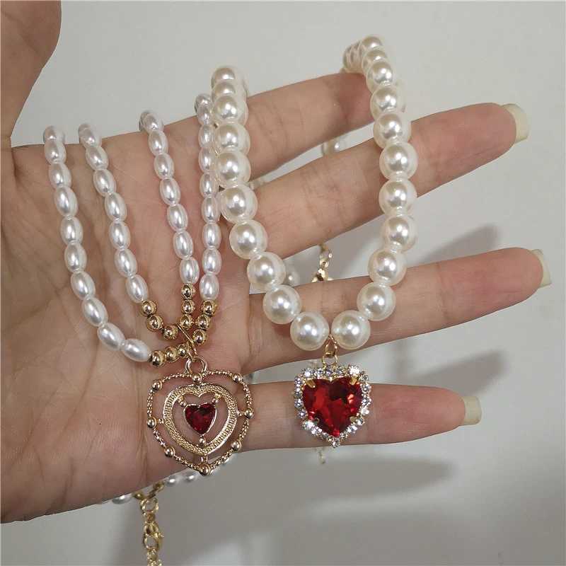 Kpop Vintage Baroque Red Crystal Heart Pendant Pearl Chain Necklace For Women Jewelry Wedding Christmas Gift Y2K AccessoriesXJ251121