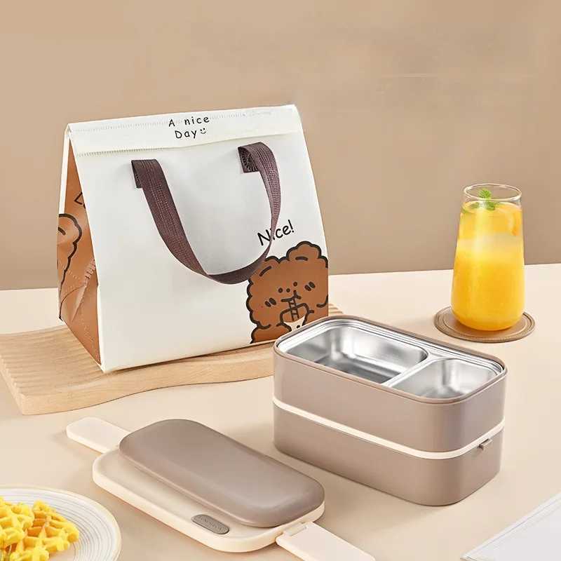 304 Stainless Steel Lunch Box 2 Layers Divided Microwavable Bento Box for Students Office Worker Portable Sealed Food ContainersM251121