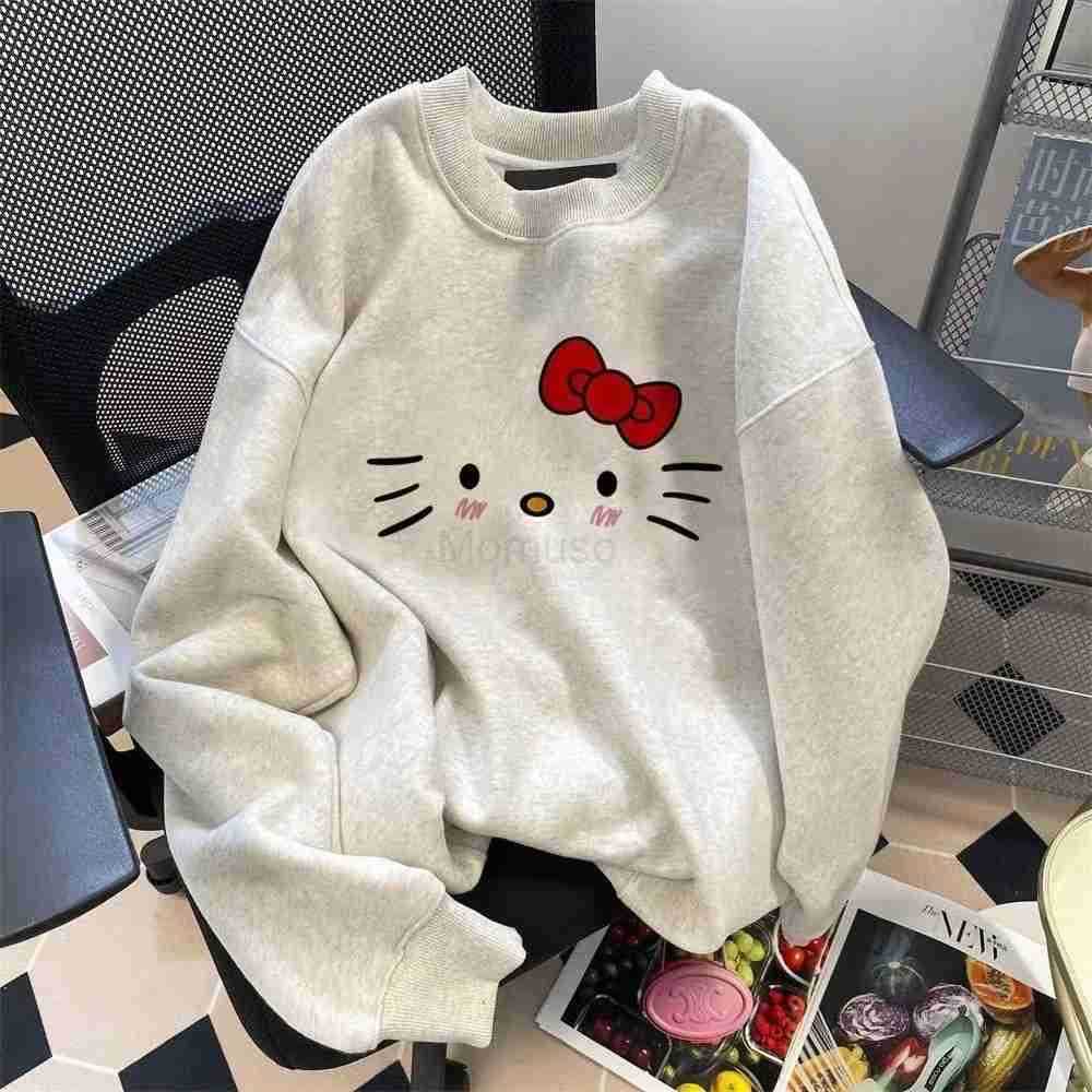 Sanrio KT Cat Long Sleeve Sweatshirt for Women Round Neck 2024 New Spring Autumn Winter Loose Fit White Hoodless Fleece-Lined Thin Top H251121