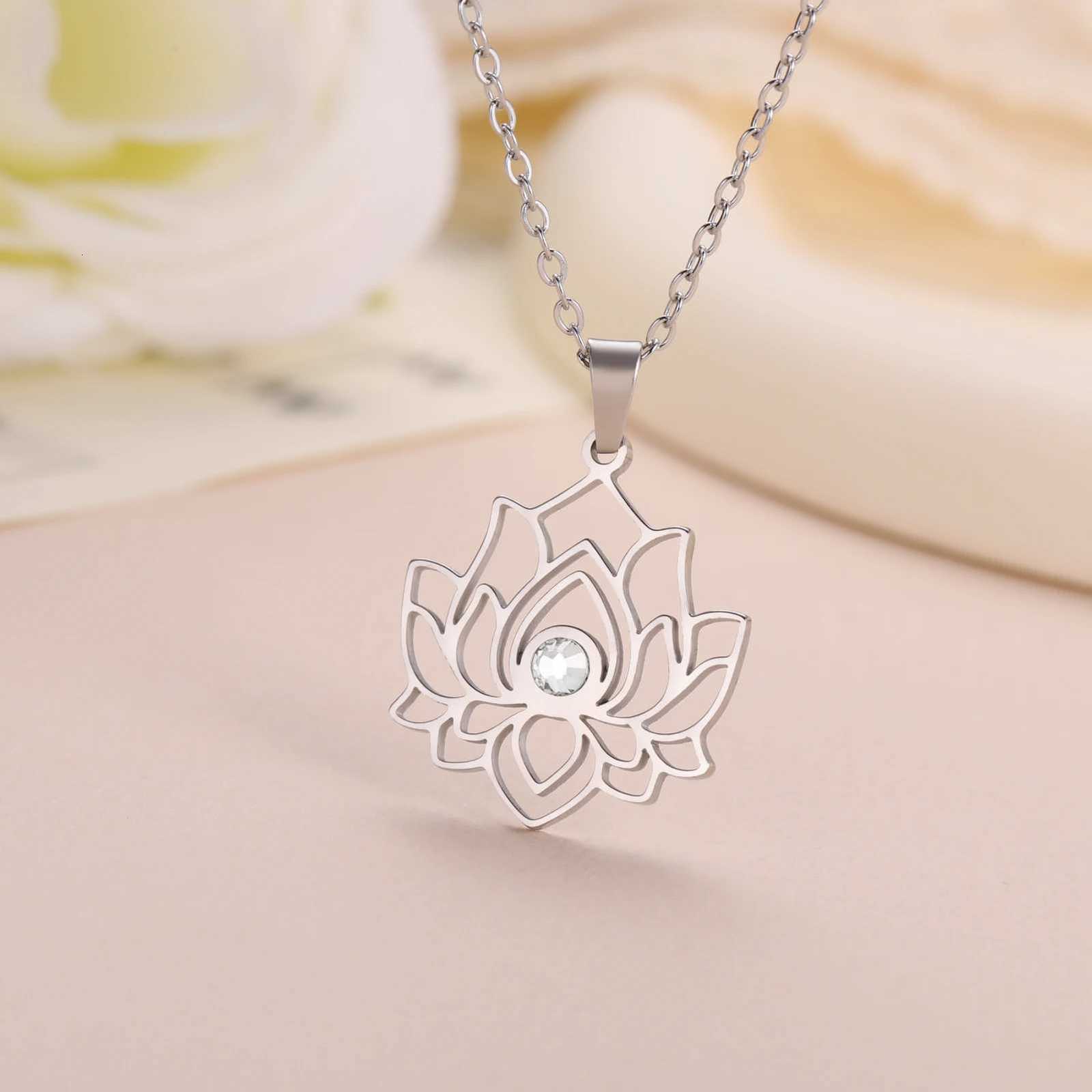 Skyrim Lotus Flower Necklace Women Stainless Steel Clear Zircon Pendant Neck Chain Yoga Chakra Buddhism Jewelry Christmas GiftsXJ251121
