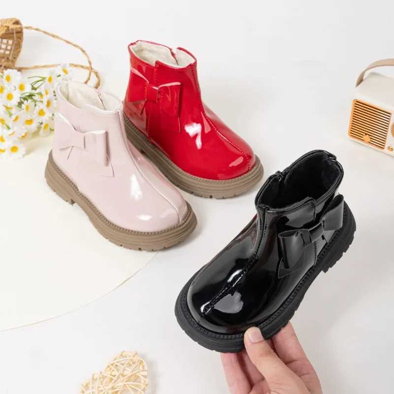 Winter Girls New Cotton Boots Sweet Bowknot Kids Platform Ankle Boots Glossy PU Fashion Childrens Causal Boots Warm VersatileW251121
