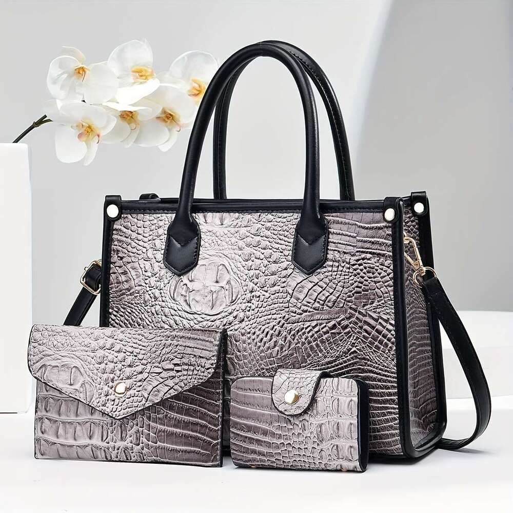 Light Luxury High-End Genuine Leather Crocodile Pattern Handbag Fashion Trend Large Capacity Middle-Aged Mom Shoulder Three-Piece Set Letter Bag