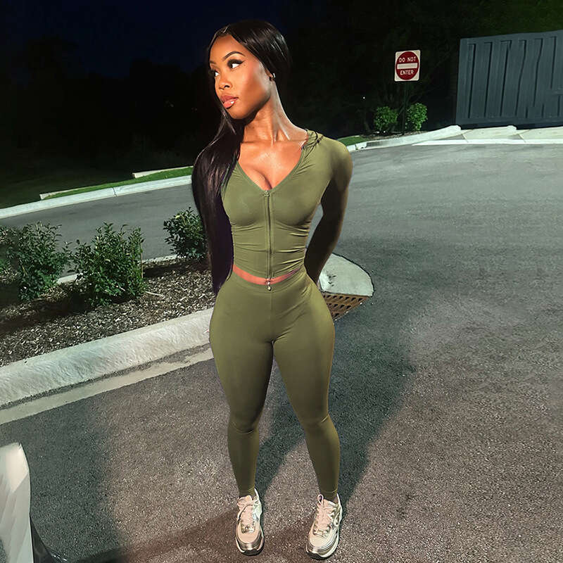 hoodie Women's Wear Summer New Women's Trendy Sports Long Sleeve V-Neck Zipper Slimming Tight Pants Set jacket