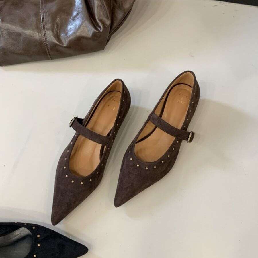 Khaki Rivet Designer Shoe Flat Heel Fall pointed toe Elegant Mary Jane womens dress Shoes