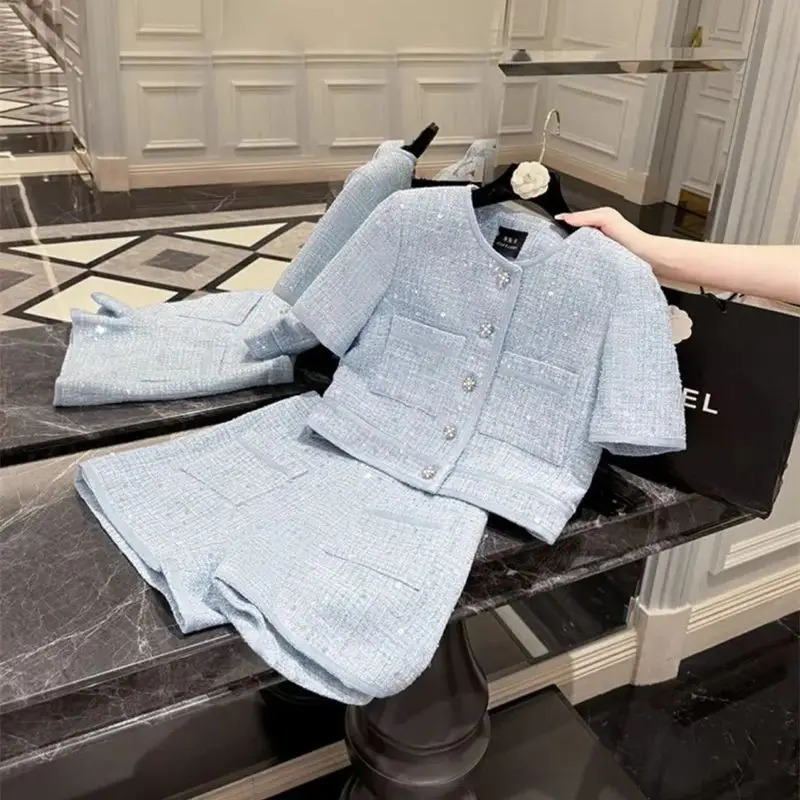 BAFU Summer Small Fragrance Tweed Outfit Elegant Two-Piece Set Women Single-Breast TopPocket Shorts Sequin Party Suit 103P 251114