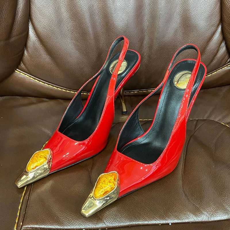 Liyke runway fashion gemstone metal dot toe patent leather womens pump red high heels wedding party shoes suspender sandals size 42 M250421