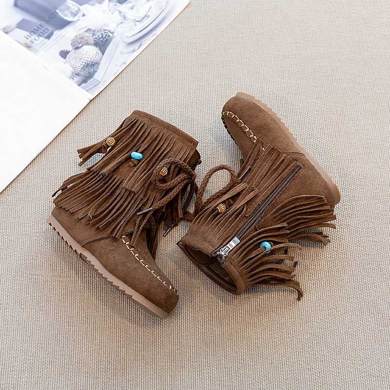 Girls Suede Leather Boots with Cute Beaded Fringes 2025 New Winter Kdis Ankler Boots Non-slip Simple Retro School Party BootsW251121