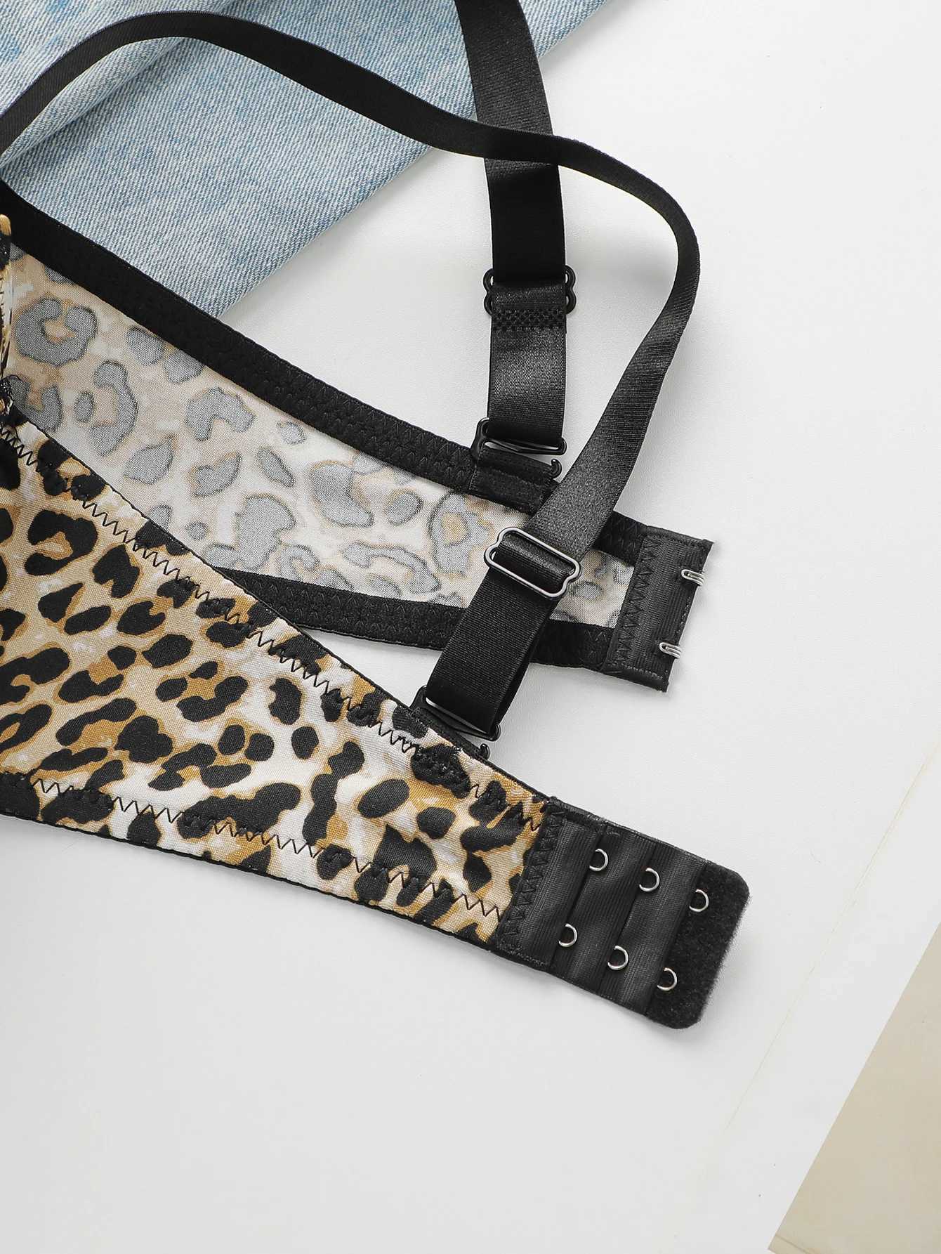 Sexy leopard print 2-piece set with gathered lifting and thickened steel port bra set for womens underwear B2051XJ251106