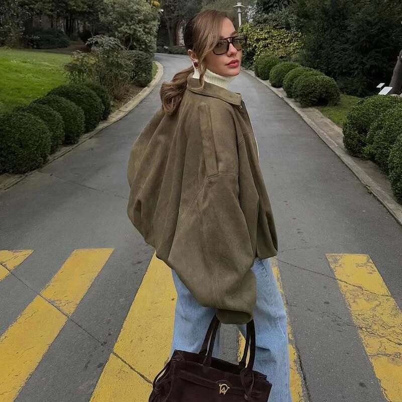 Designer Clothes TRAF 2025 Suede Bomber For Women Outerwears Oversized Jacket Woman Streetwear Zip Women's Coats Padded Varsity Jackets