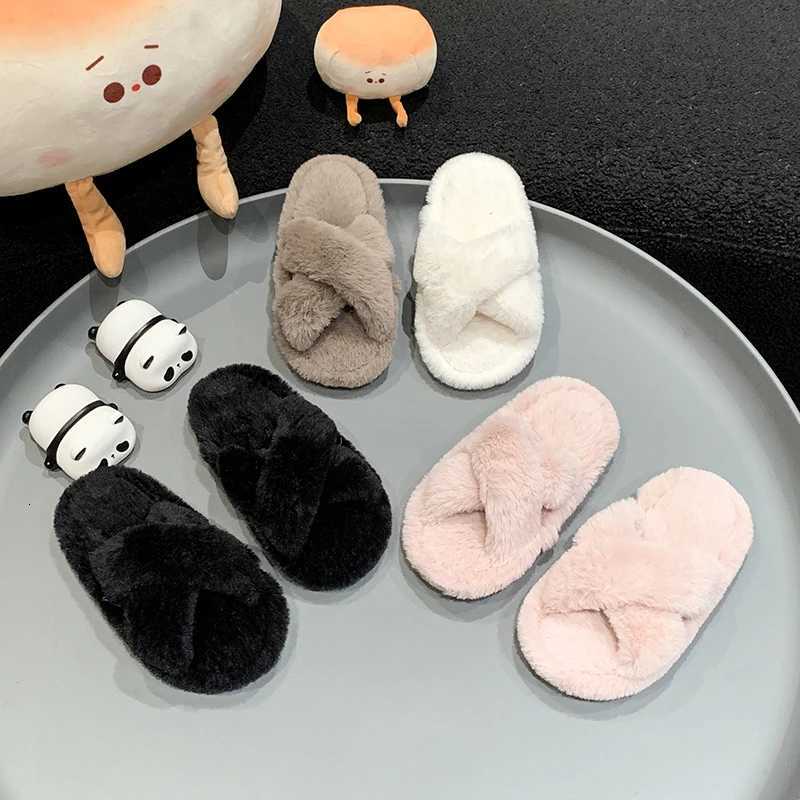 Winter New Kids Open-toe Slippers Solid Color Versatile Girls Home Cotton Shoes Fashion Warm Fluffy Children Fur Slippers SoftW251121