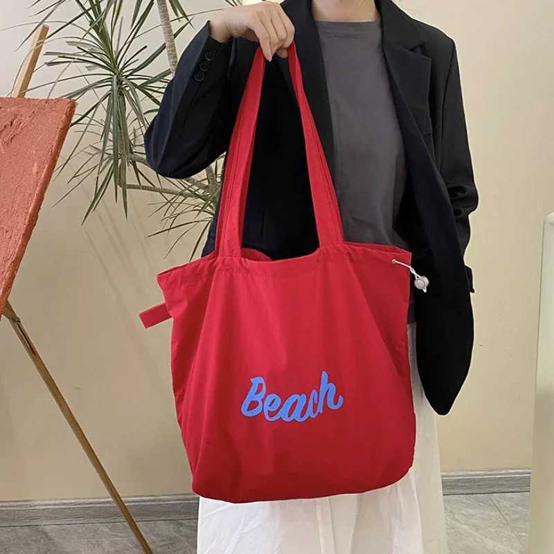Solid Colour Womens Beach Shoulder Bag Letter Design Ladies Tote Canvas Bags Large Capacity Drawstring Female Shopping HandbagT251121