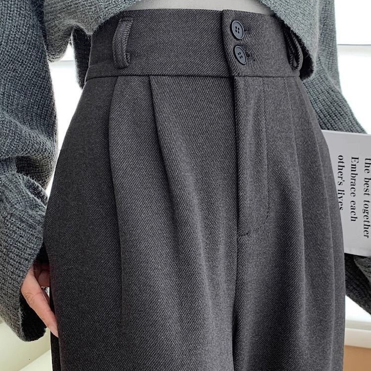 Designer luxury Gray Woolen Suit Pants for Women, Autumn Winter 2025 New High Waist Fleece Narrow Version Petite Loose Straight Wide Leg Pants