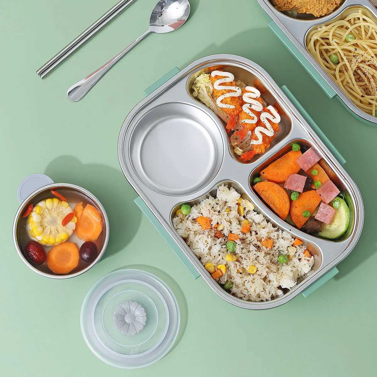WORTHBUY Microwave 304 Stainless Steel Bento Lunch Box Set With 4/5 Compartment Large Capacity Sealed Student Lunch ContainerM251121
