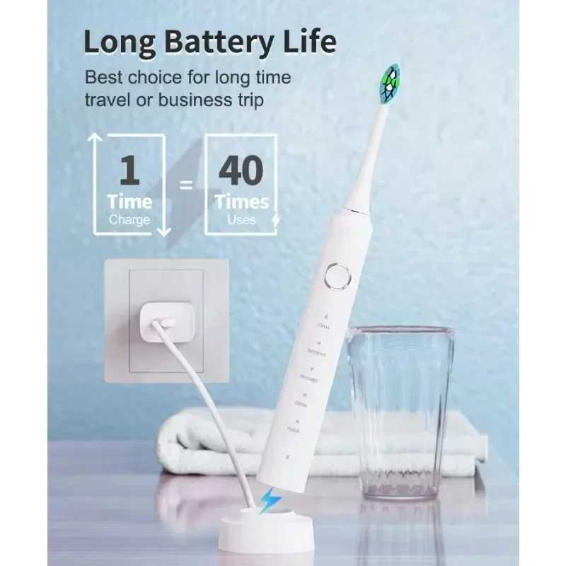 Electric Toothbrush USB Rechargeable Dental Electric Brush Automatic Ultrasonic IPX7 Waterpoof Toothbrush with 6 Brush Heads C251121