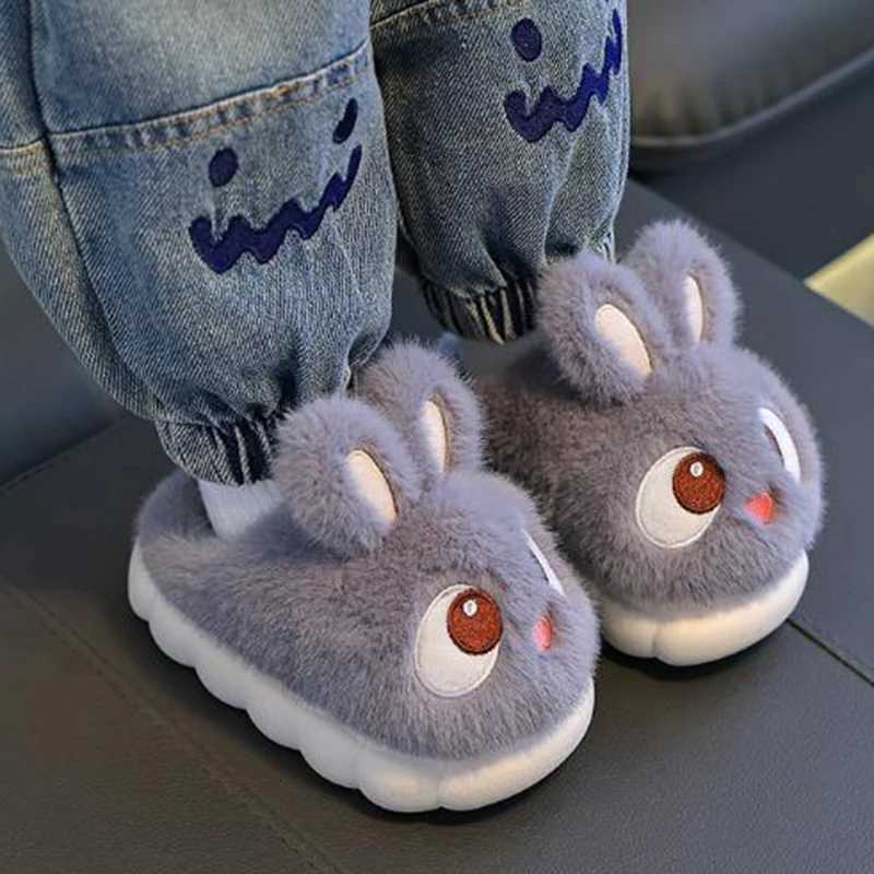 Fluffy Fur Cartoon Rabbit Cute Indoor Slippers Children 2025 Winter Warm Plush Non Slip Thick Bottom Slippers Girls Home SlidesW251121